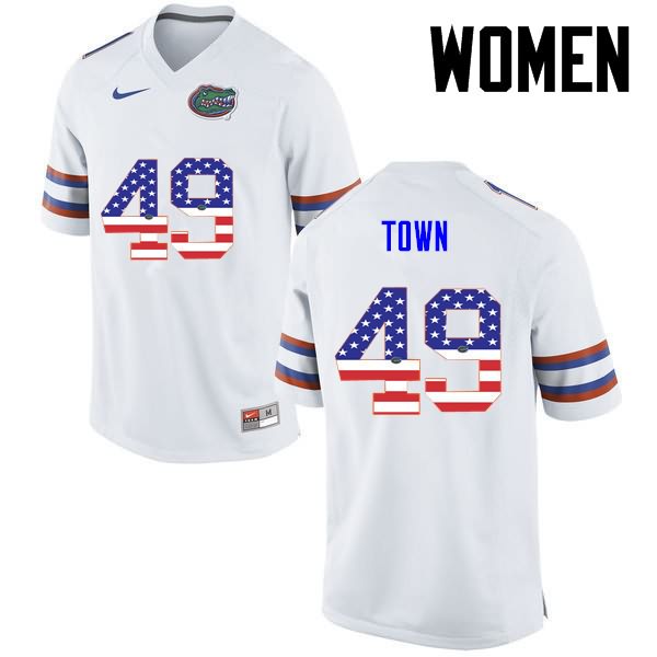 Women's NCAA Florida Gators Cameron Town #49 Stitched Authentic USA Flag Fashion Nike White College Football Jersey FKJ6165KO